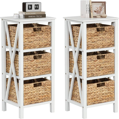 Nachtkastje – Bijzettafel – Opbergkastje – Woonkamerkast – Slaapkamermeubel – Set Van 2 – 4 Lagen Met 3 Zeegras Mandjes – Stevige Houten Constructie Met X-Vormige Steunen
