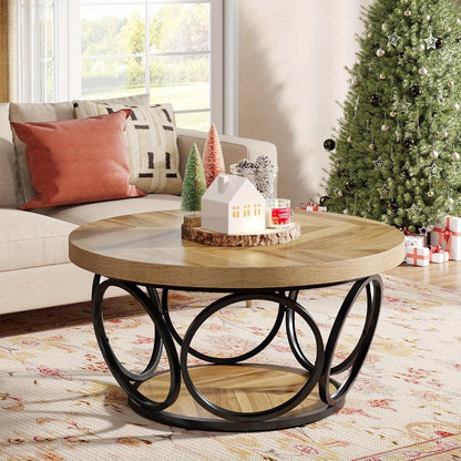 Ronde Salontafel – Ronde Tafel – Houten Tafel – Woonkamertafel – Farmhouse Tafel – 80 cm Diameter – 2-Tier Opbergruimte – E1 MDF Metalen Frame