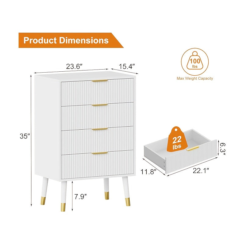 White Bohemian Dresser with Golden-Toned Legs & 4-Drawer Fluted Cabinet - Modern Small Chest of Drawers, ≥68.58cm Height, ≥3.2 Cu Ft Storage, Assembly Required for Bedroom,W Office - Versatile Furniture Organizer, Dresser