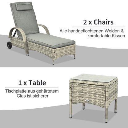 Sonnenliege Gartenliege Tisch 3Er-Set Gartenmöbel, Polyrattan+Metall Grau