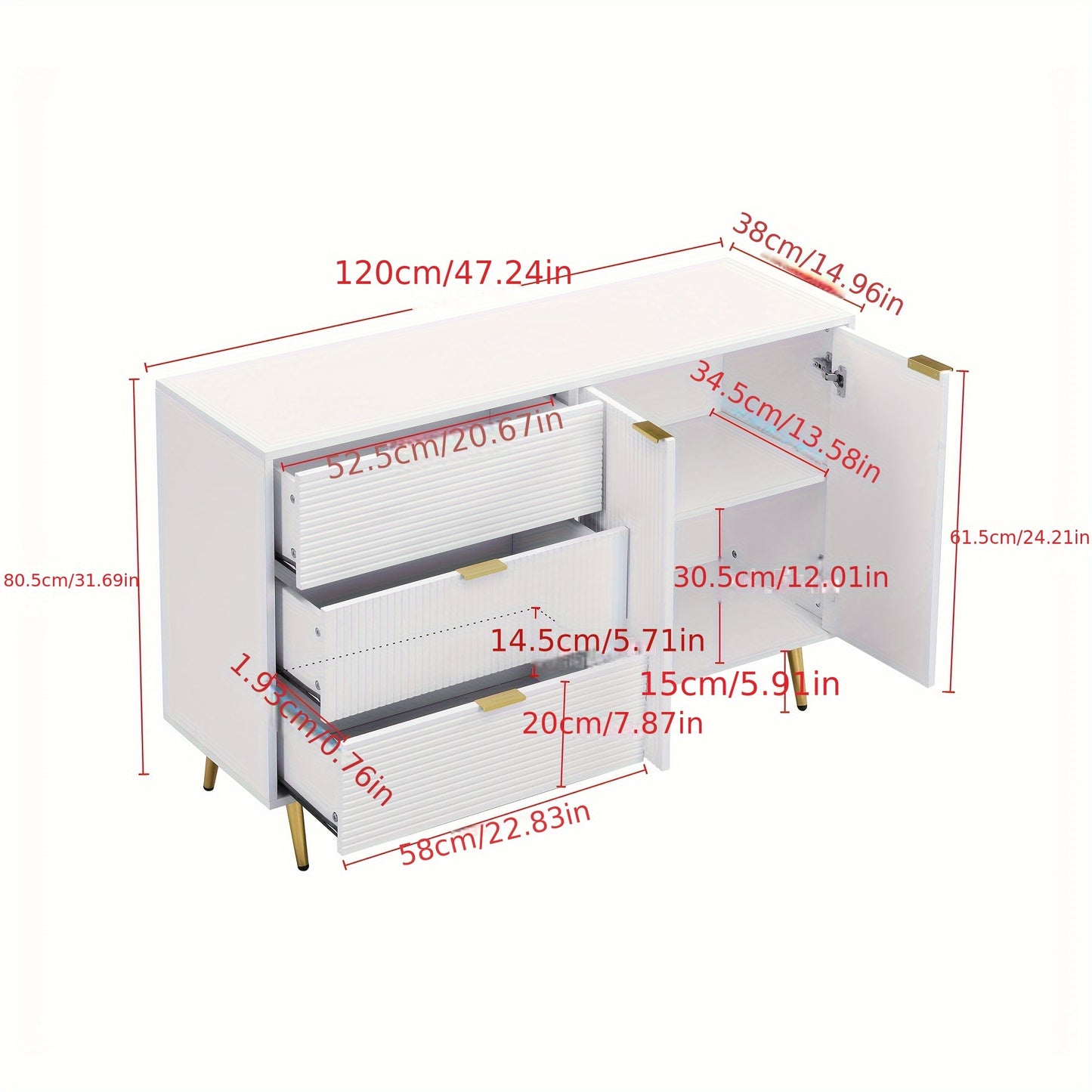 Dressoir – Buffetkast – Opbergkast – Ladekast – Woonkamerkast – Wit Met Gouden Accenten – Massief Hout – Met Deuren En Laden