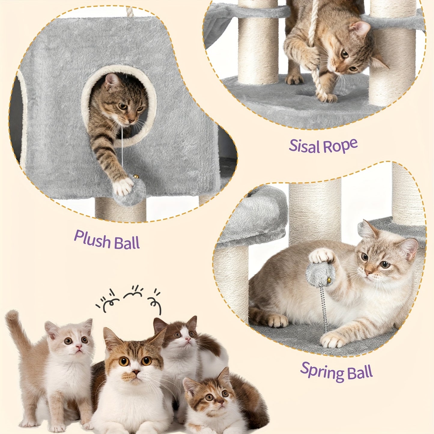 Kattentoren – Krabpaal – Klimpaal – Kattenhuis – Kattenmeubel – Lichtgrijs Beige – 163 cm Hoog – 10 cm Dikke Sisal Krabpalen