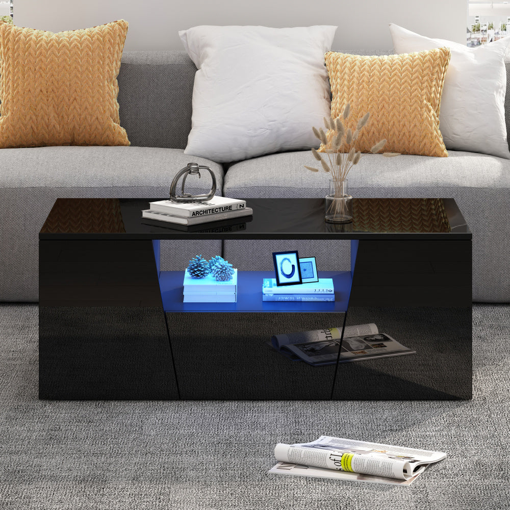 Salontafel – Koffietafel – Bijzettafel – Woonkamertafel – Tafeltje – Hoogglans Zwart – Glasblad & Metaalframe – Ruime Opbergruimte met Laden – 100x50x40 cm – Compact & Modern Design