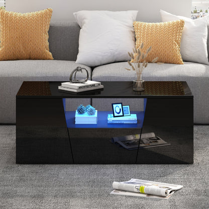 Salontafel – Koffietafel – Bijzettafel – Woonkamertafel – Tafeltje – Hoogglans Zwart – Glasblad & Metaalframe – Ruime Opbergruimte met Laden – 100x50x40 cm – Compact & Modern Design