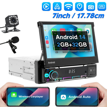 Multifunctionele Android Autoradio – Auto Stereo – Multimedia Speler – 1-DIN Radio – Inbouw Radio – 7 Inch Uitklapbaar IPS Touchscreen – Draadloze CarPlay & Android Auto – 2GB+32GB Variant