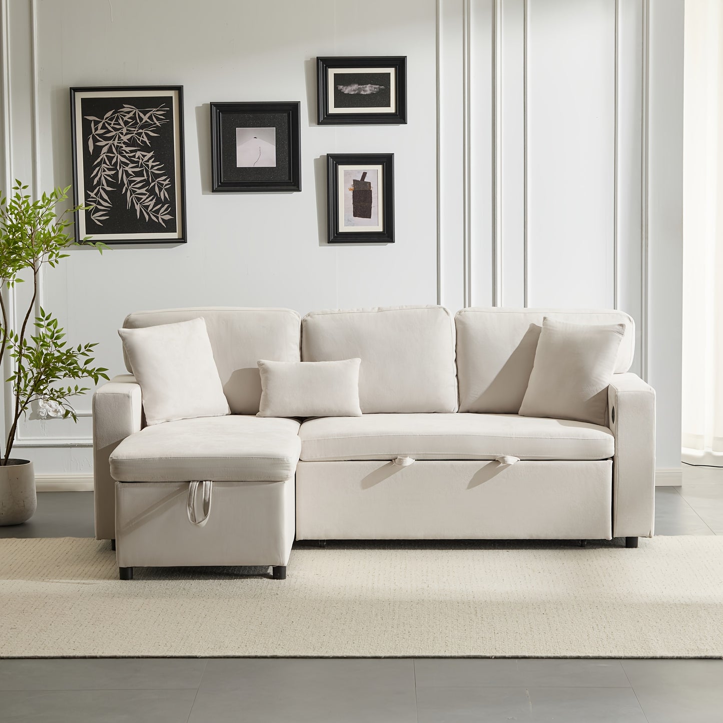 Slaapbank – Bedbank – Logeerbed – Zitzetel – Fauteuil – L-vormig – Opvouwbaar – Licht Beige – Inclusief Opbergruimte – Linnen Stof