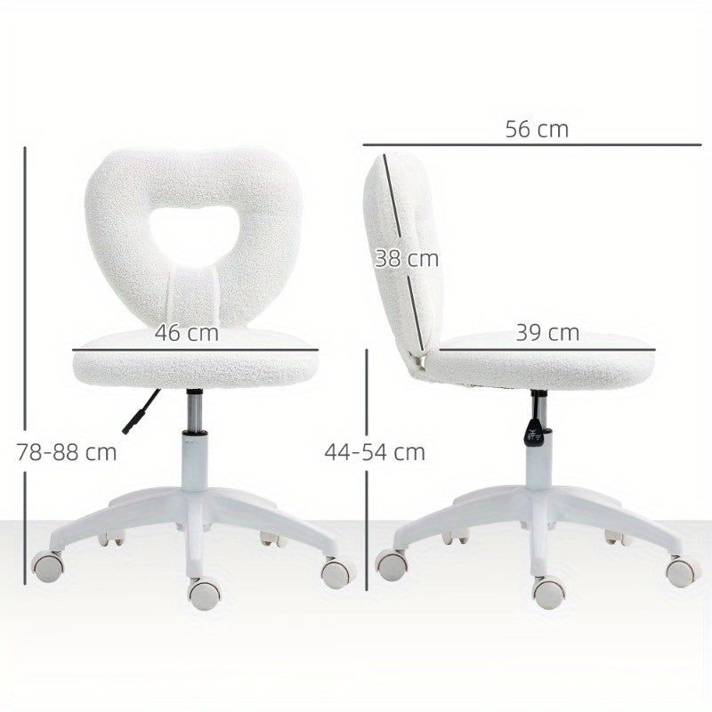 Bureaustoel – Bureaustoel Zonder Armleuning – Werkstoel – Make-up Stoel – Thuiskantoorstoel – Verstelbare Hoogte – 360° Draaibaar Met Teddy Fleece Bekleding – Hartvormige Rugleuning – Stevige Metalen Basis – Wit