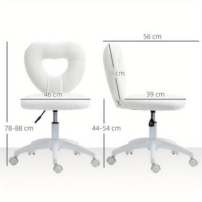 Bureaustoel – Bureaustoel Zonder Armleuning – Werkstoel – Make-up Stoel – Thuiskantoorstoel – Verstelbare Hoogte – 360° Draaibaar Met Teddy Fleece Bekleding – Hartvormige Rugleuning – Stevige Metalen Basis – Wit