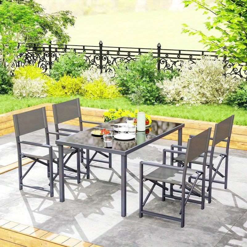 Eettafelset – Eethoek – Keukentafelset – Balkonset – Zitgroep – 5-delig – Inklapbare Stoelen – Gehard Glas Tafelblad – Stalen Frame – Modern Grijs