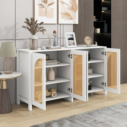 Modern Minimalist Sideboard Cabinet - White & Metallic Accents, Non-Wood Freestanding Storage with 4 Rattan Doors, Spacious 3.2+ Cu Ft Capacity for Living Room, Dining Room, Kitchen - Easy Assembly Required, Home Organization