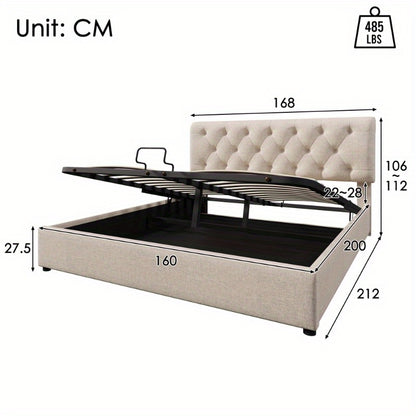 Hydraulisch Tweepersoonsbed – Verstelbaar Bedframe – Bed met Opbergruimte – Metalen Lattenbodem – Matras Inclusief – 160x200 cm – Moderne Natuurlijke Stijl – Verstelbare Hoofdbord