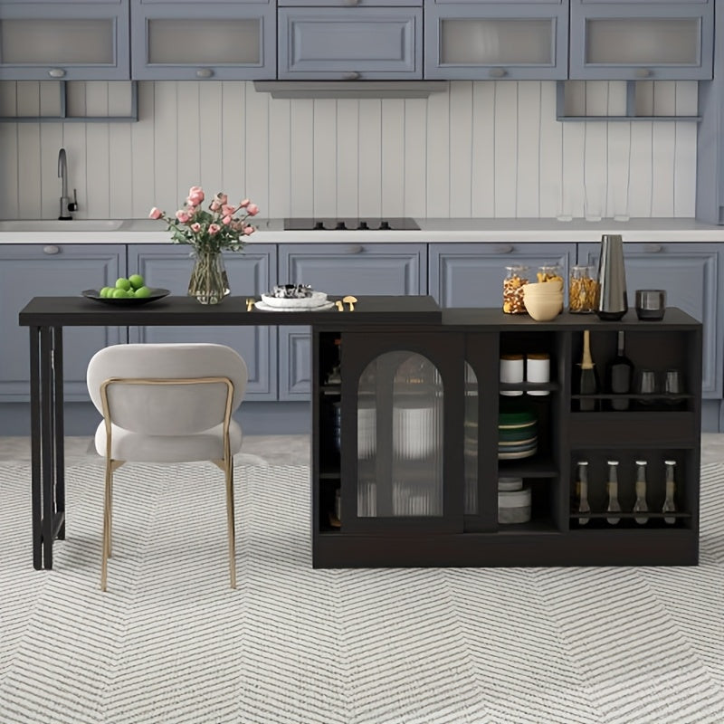Uitschuifbare Bar-/Keukentafel – Bartafel – Keukentafel – Eettafel – Draaibare Tafel – Zwart – 360° Draaibare Basis – Bamboe & Glas Opbergruimte