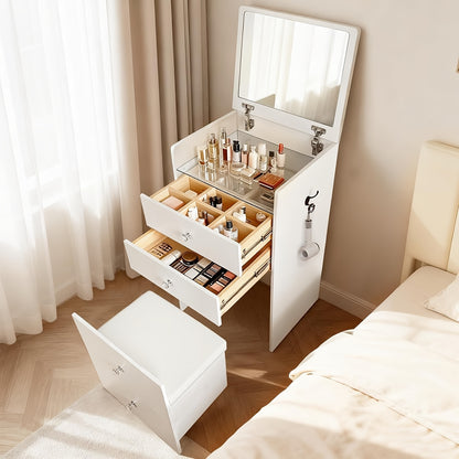 Three-in-one Corner Vanity Unit with 90° Folding Mirror, Glass Worktop, Storage-integrated Padded Stool, Side Hooks for Hanging Cosmetics, Premium Materials And Straightforward Assembly, White Finish, Space-saving Design., B
