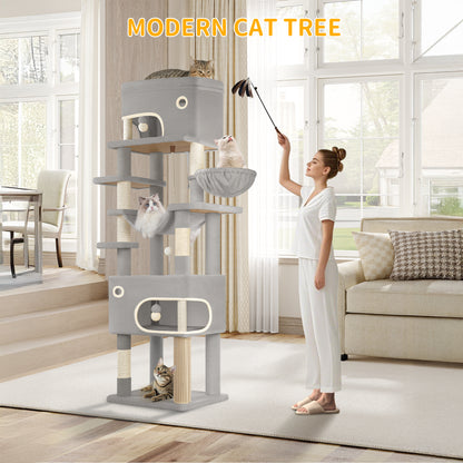 Krabpaal – Kattenboom – Kattenmeubel – Kattenhuis – Krabtoren – 203 cm Hoog – 7 Sisal Krabpalen Met Grote Platforms En Holletjes – Lichtgrijs/Donkergrijs/Beige