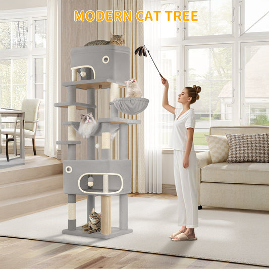 Krabpaal – Kattenboom – Kattenmeubel – Kattenhuis – Krabtoren – 203 cm Hoog – 7 Sisal Krabpalen Met Grote Platforms En Holletjes – Lichtgrijs/Donkergrijs/Beige