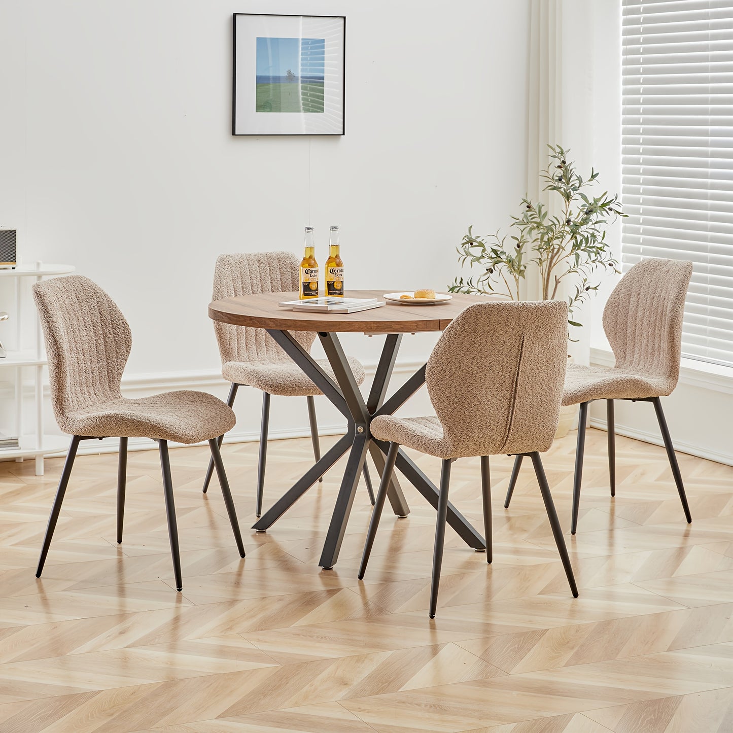 Eetkamerstoel – Kuipstoel – Keukenstoel – Stoel – Dinerstoel – Mid-Century Modern – Linnen Bekleding – Metalen Frame – Ergonomische Rugleuning – Set van 4 – Beige Bruin