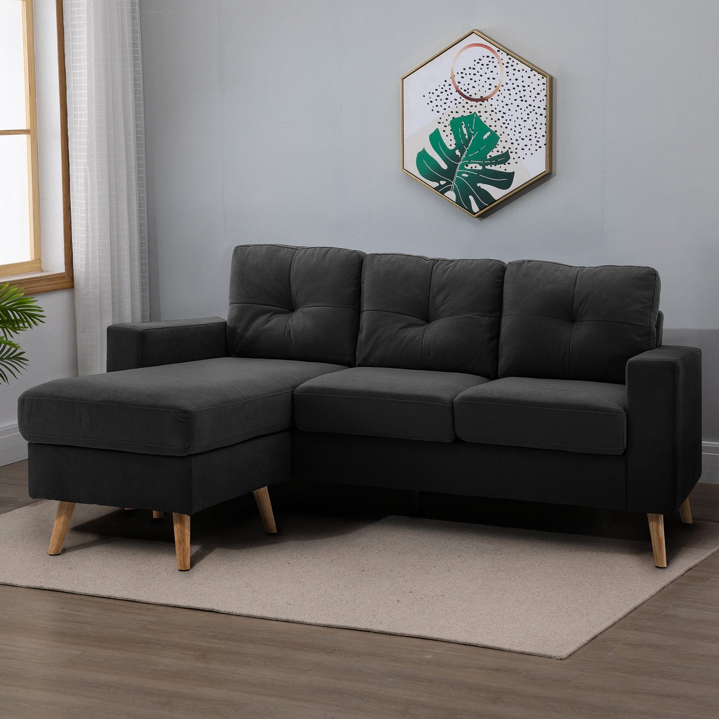 Hoekbank – 3-Zitsbank – Sofa – Loungebank – Chaise Longue – Zwart – Button Tufting – Compacte Afmetingen 193x136x85 CM