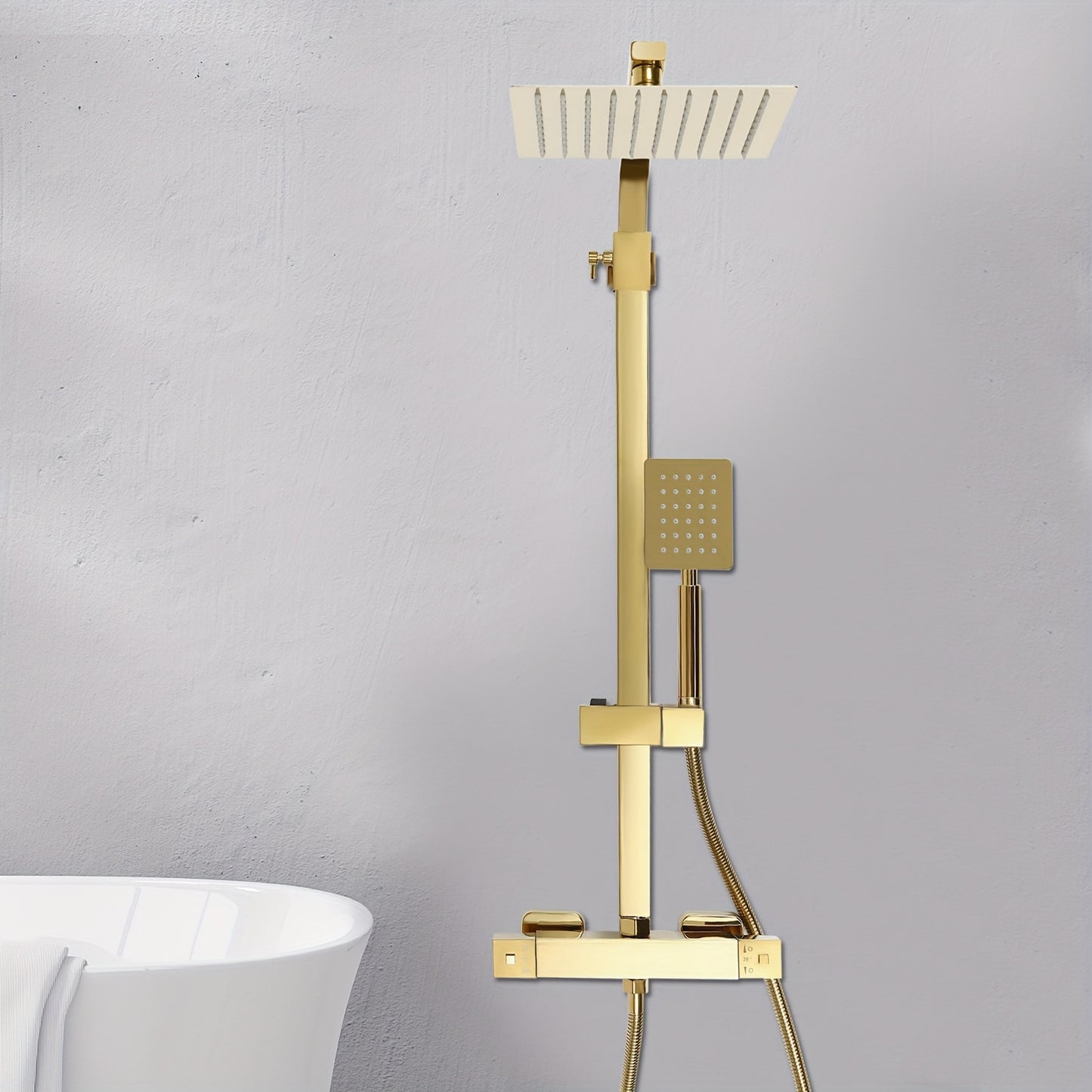 Doucheset – Regendouche – Thermostaatkraan – Douchegarnituur – Handdouche – Gouden Vierkant Design – 20 cm Hoofddouche – Hoogwaardig Messing