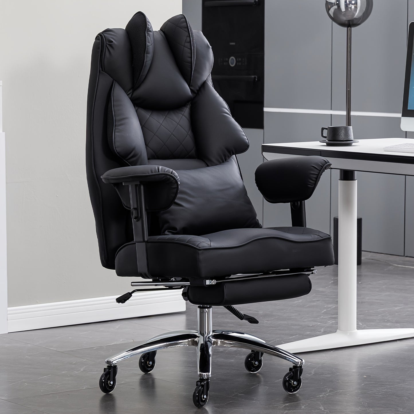 Ergonomische Bureaustoel – Kantoostoel – Gamestoel – Werkstoel – Executive Stoel – Verstelbare Zithoogte – Uitschuifbare Voetensteun – Mesh Zwart – Draagvermogen 200 kg
