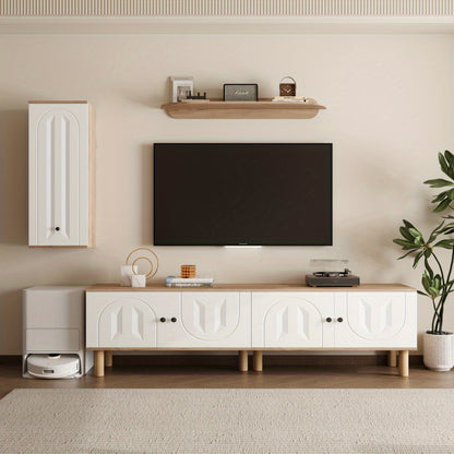 Tv-meubel – TV-kast – TV-dressoir – Wandmeubel – Media meubel – 3-delige set – Wit met beige houtlook – Opbergruimte met reliëfdeuren