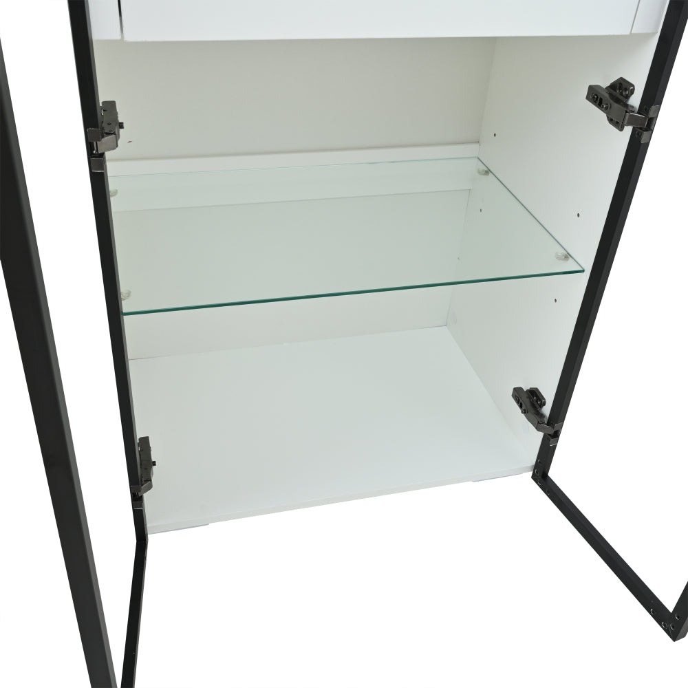 Modern Tall White Display & Storage Cabinet with 2 Glass Shelves & 2 Drawers - Sofa/Buffet/Living Room Cabinet, Space-Saving Furniture for Small Apartments, Durable Metal Frame, Contemporary Design