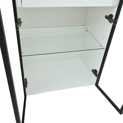 Modern Tall White Display & Storage Cabinet with 2 Glass Shelves & 2 Drawers - Sofa/Buffet/Living Room Cabinet, Space-Saving Furniture for Small Apartments, Durable Metal Frame, Contemporary Design
