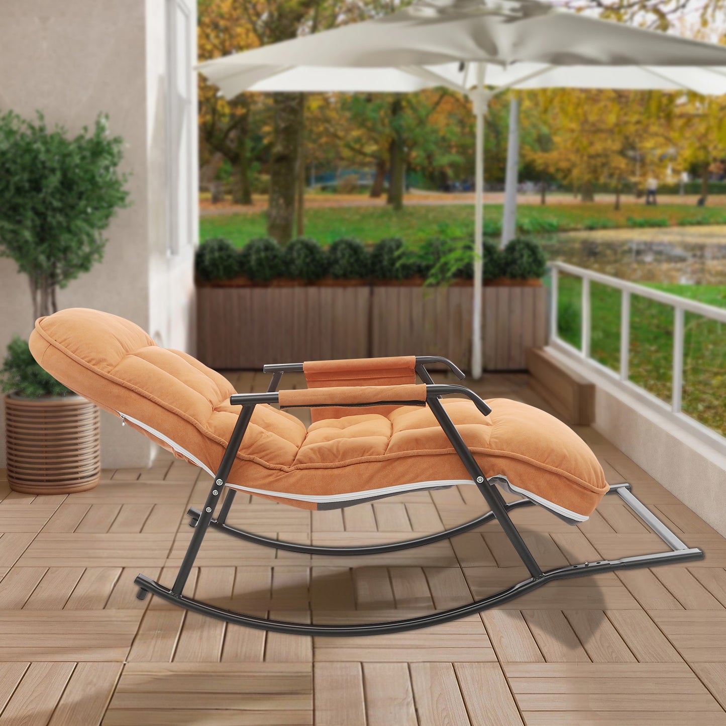 Relaxfauteuil – Schommelstoel – Loungefauteuil – Verstelbare Stoel – Relaxstoel – Stalen Frame – 3-stand Voetsteun – Oranje – Comfortabele Zit – Geschikt Voor Harde Vloeren