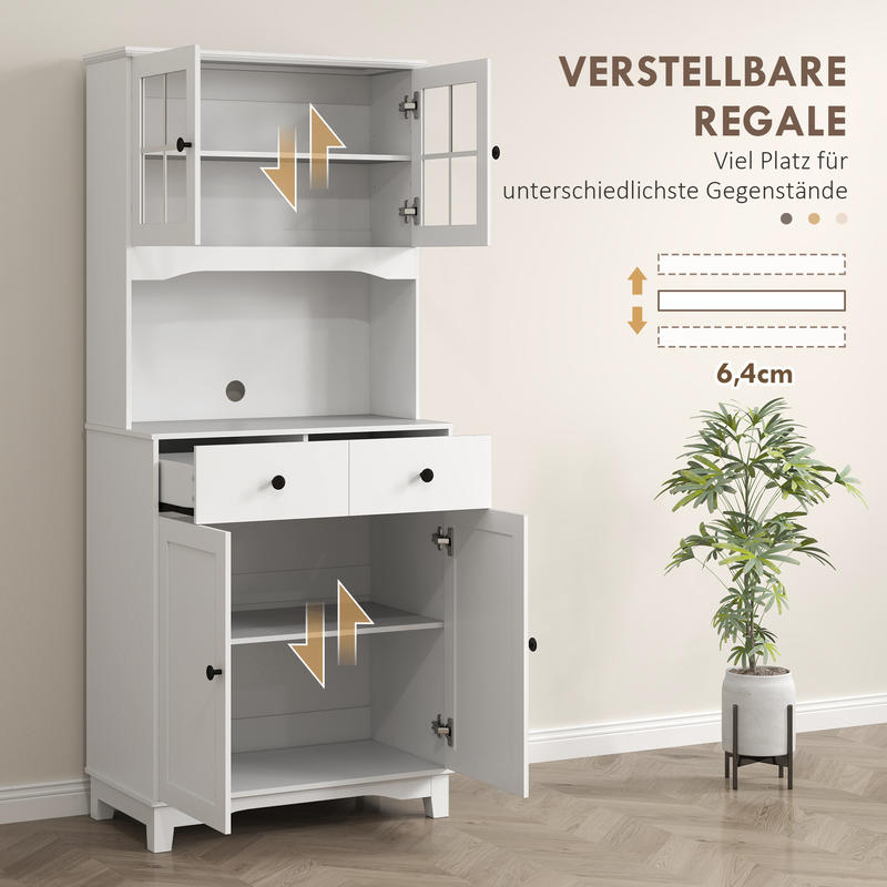 Keukenkastje – Voorraadkast – Opbergkast – Buffetkast – Dressoir – Modern Wit – Glazen Deuren – 2 Lade – Slotfunctie – Duurzaam MDF – Vrijstaand – 68x39,5x170 cm
