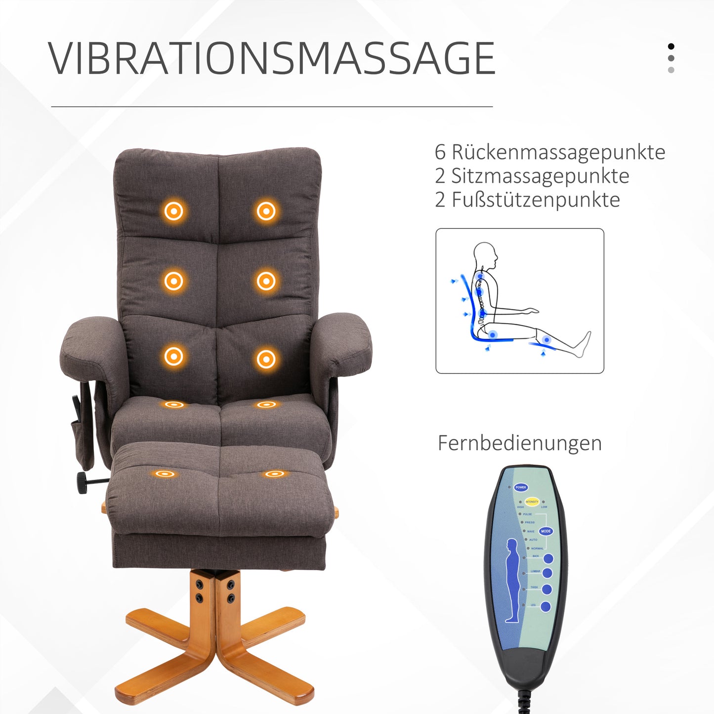 Relaxfauteuil – Draaifauteuil – Elektrische Stoel – Massagestoel – Ligfauteuil – Met Voetenbank – Massagefunctie en Opbergruimte – Robuust Houten Frame – Polyester Bekleding – Bruin