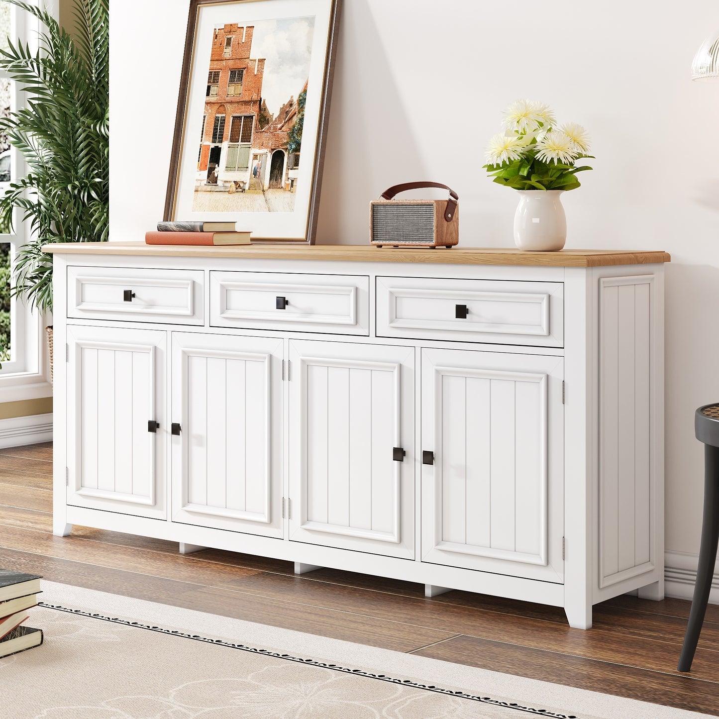 Dressoir – Sideboard – Buffetkast – Opbergkast – Kast – Modern Design – MDF Wit Met Houtlook – 160x35x76 cm – Verstelbare Planken – 3 Lades & 4 Deuren – Zwarte Handgrepen