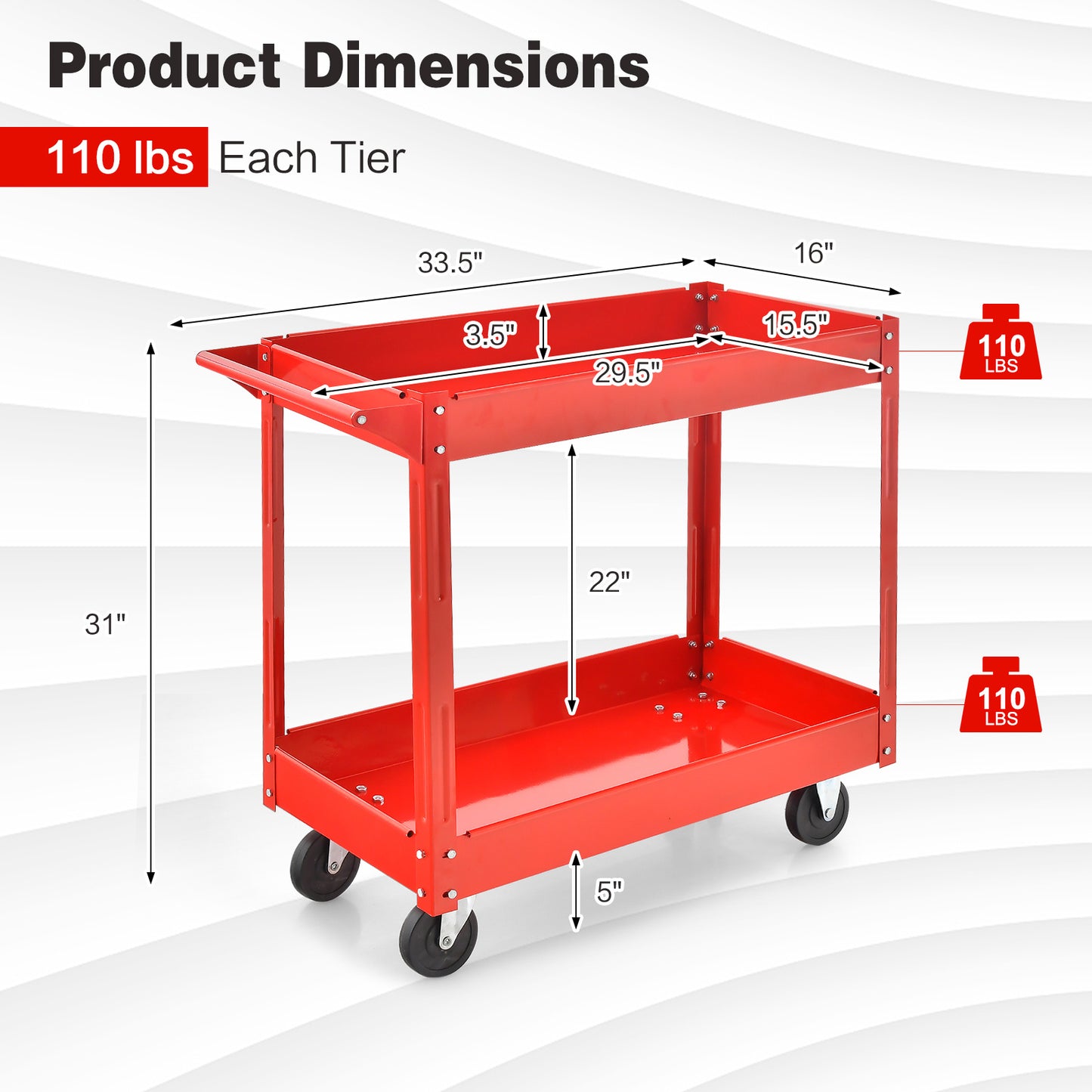 Werkplaatswagen – Gereedschapswagen – Atelierwagen – Rolwagen – Opbergtrolley – 2-laags Metalen Trolley – Rood – 100 kg Draagvermogen – 85x41x79 cm