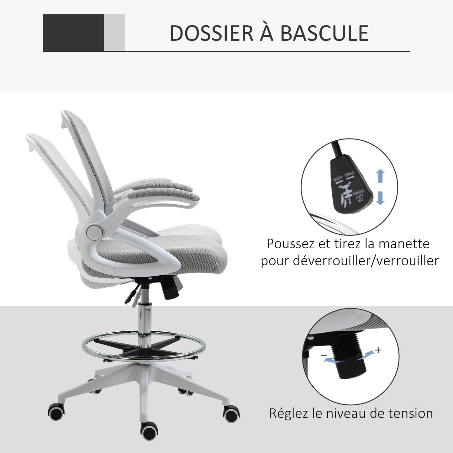 Bureaustoel – Office Chair – Werkstoel – Draaistoel – Bureaustoel Met Wieltjes – Verstelbare Hoogte – Ademend Mesh Grijs-Wit