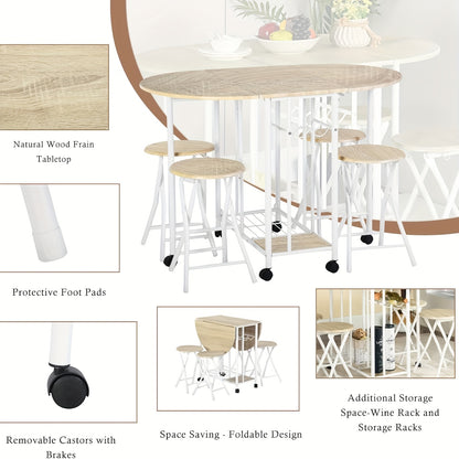 Eettafelset – Eettafel Meubelset – Eethoek – Keukentafelset – Zitgroep – Inklapbare Tafel Met Opbergruimte – Massief Hout & Metaal – Compact Rond/Rechthoekig – Wit & Natuurlijke Houtkleur – Modern Design – Stevig & Ruimtebesparend