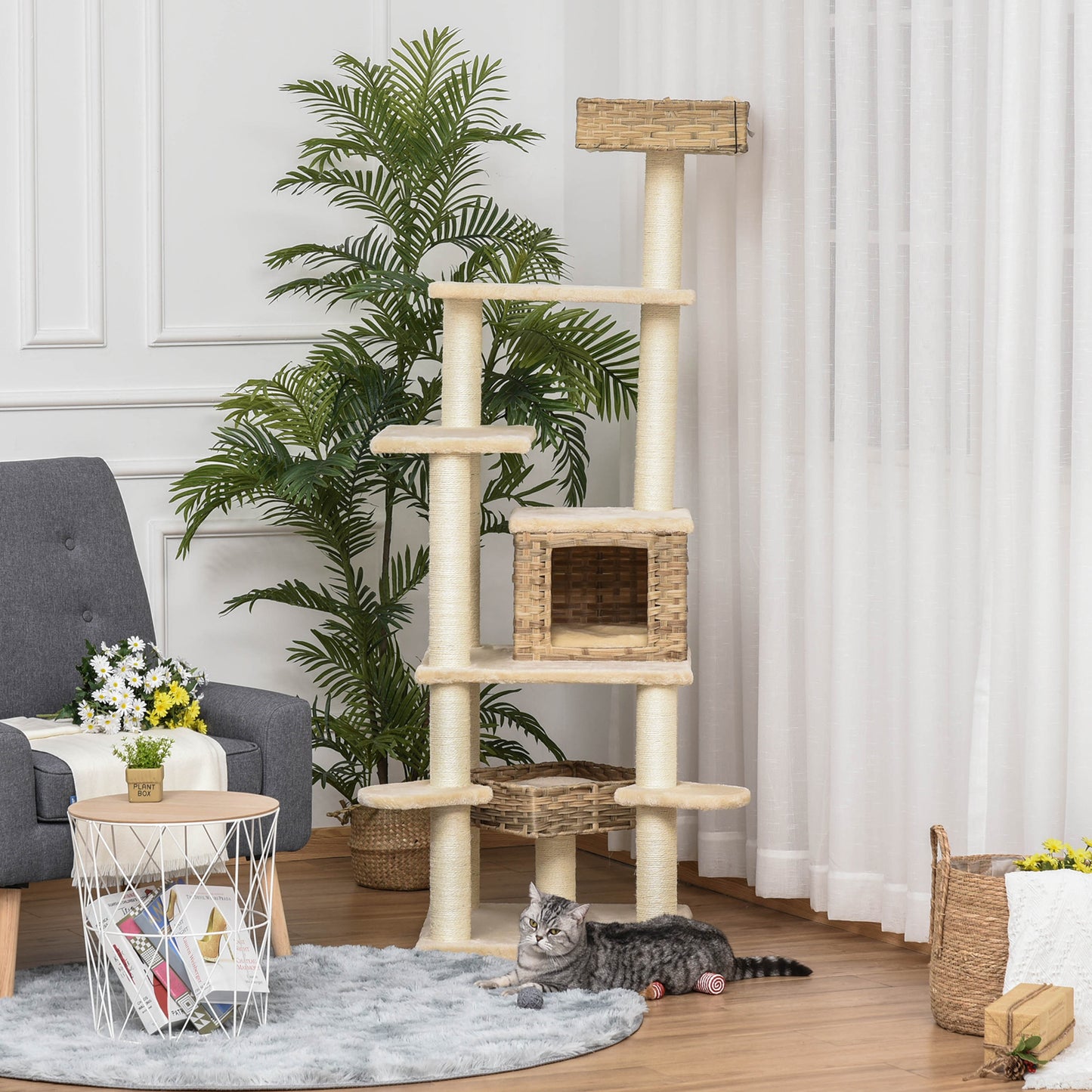 Krabpaal – Kattenboom – Kattenhuis – Krabmeubel – Kattentoren – Meerlaags Met Sisal En Kattenhol – Stevig E1 MDF 174 cm Hoog – Beige Bruin