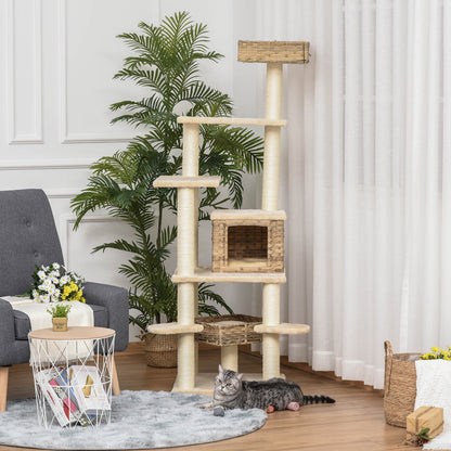 Krabpaal – Kattenboom – Kattenhuis – Krabmeubel – Kattentoren – Meerlaags Met Sisal En Kattenhol – Stevig E1 MDF 174 cm Hoog – Beige Bruin