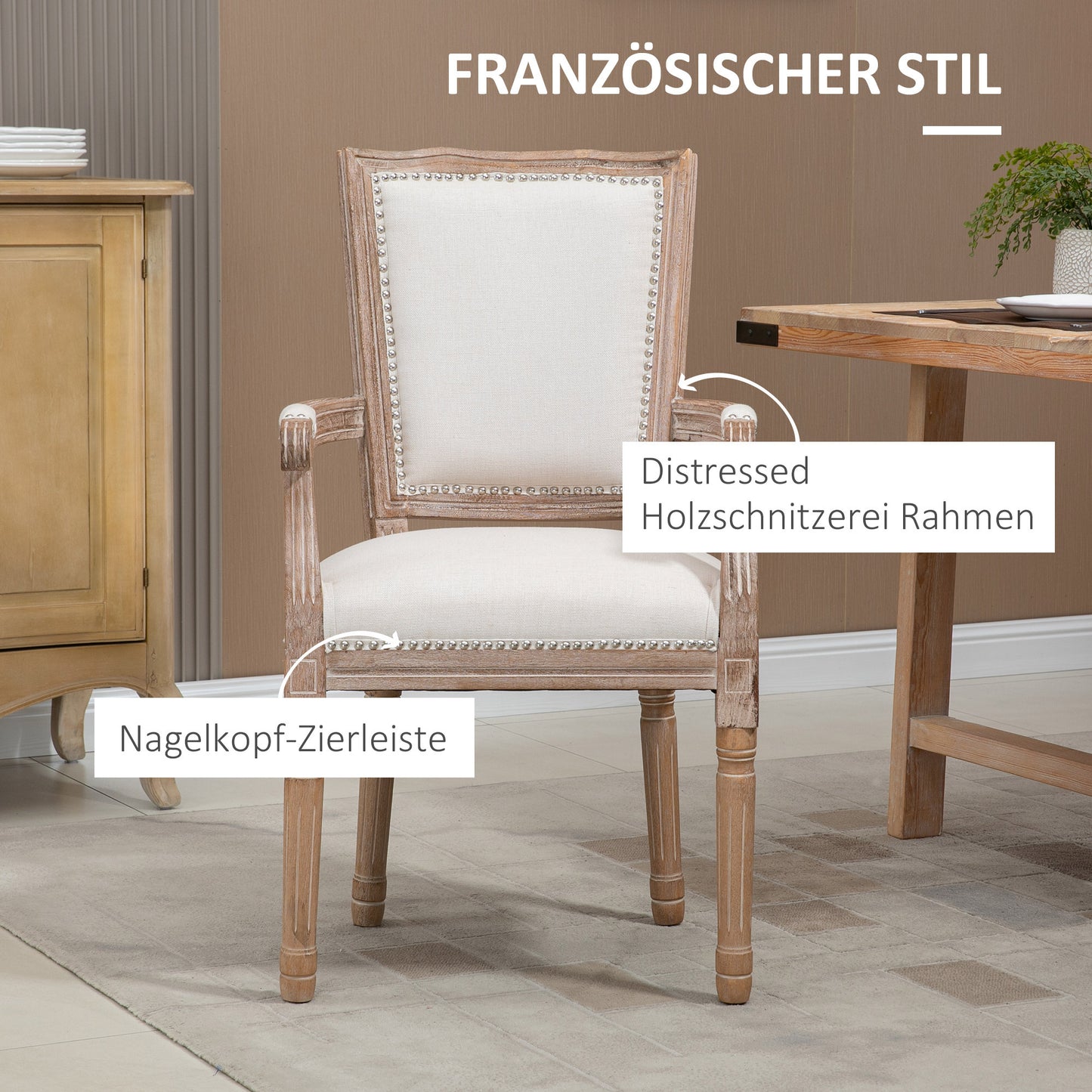 Eetkamerstoel – Keukenstoel – Stoel – Landelijke Stoel – Frans Landhuisstijl – Rubberen Houten Frame – Crèmewit – 59 x 63,5 x 96 cm – Verstelbare Stoelvoeten – Draagvermogen 150 kg