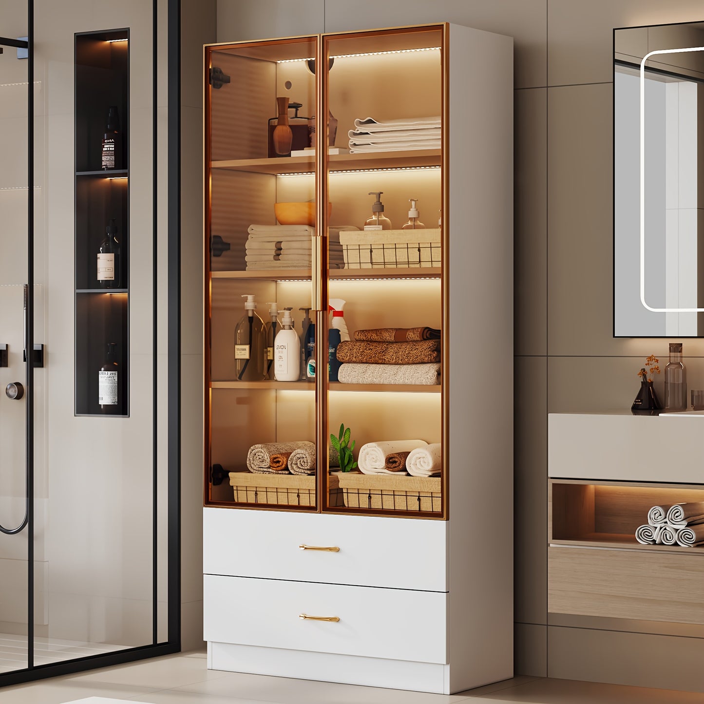 Middelgrote Vitrinekast / Display Cabinet – 75 cm Breed • 2 Grote Laden & 2 Glazen Deuren – Voor Slaapkamer, Woonkamer of Kantoor