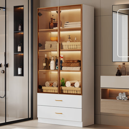 Middelgrote Vitrinekast / Display Cabinet – 75 cm Breed • 2 Grote Laden & 2 Glazen Deuren – Voor Slaapkamer, Woonkamer of Kantoor