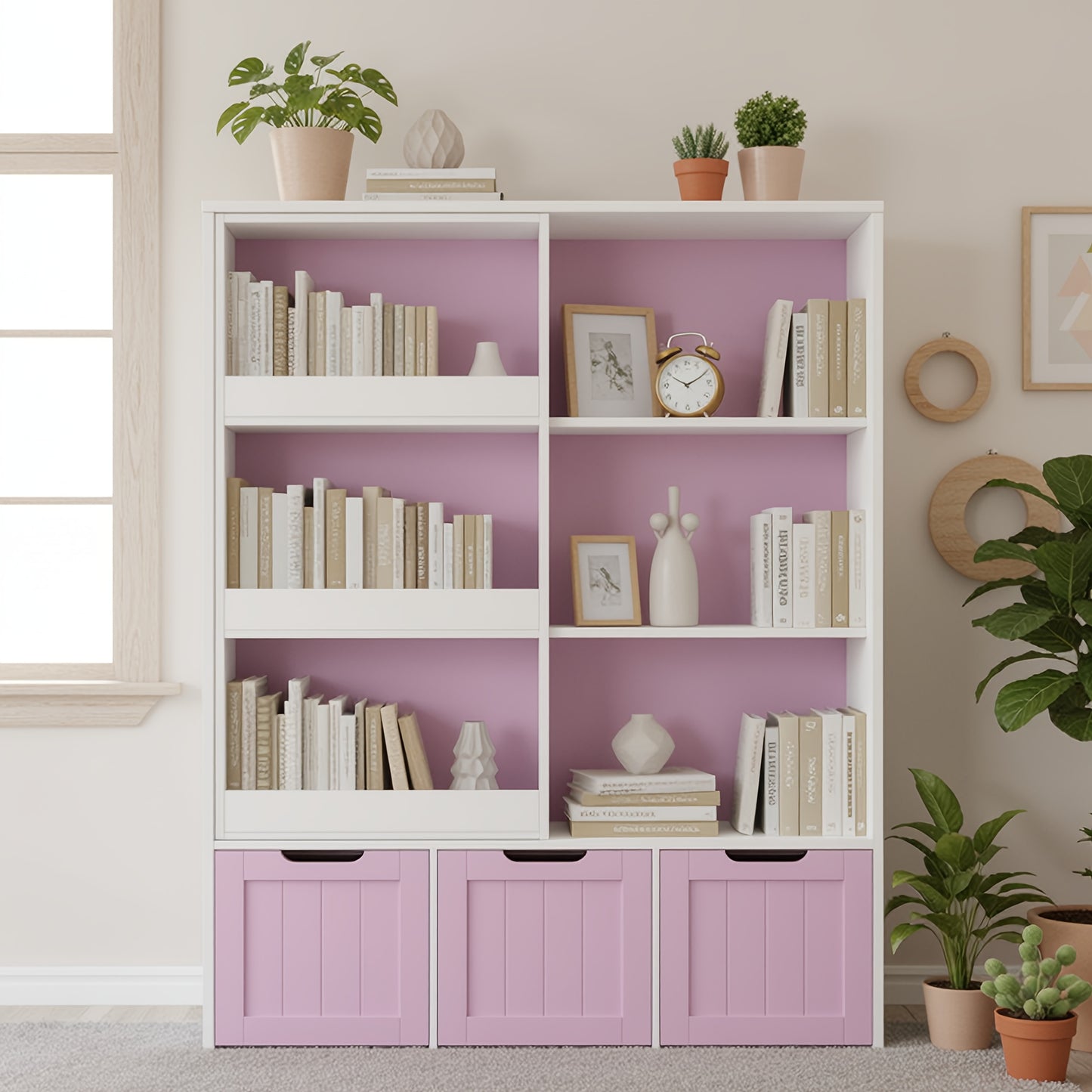 Boekenkast – Boekenrek – Opbergkast – Vakkenkast – Kast met lades – Houten constructie – Wieltjes voor mobiliteit