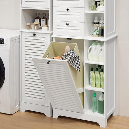 Modern Hoog Badkamerkast – Badkamermeubel – Opbergkast – Staande Kast – Opbergmeubel – Met Opvouwbare Waszak – 2 Deuren & 1 Lade – 6 Open Planken – Duurzaam Hout en Stof – Ruimtebesparend Design – Hoogte 68,58 cm