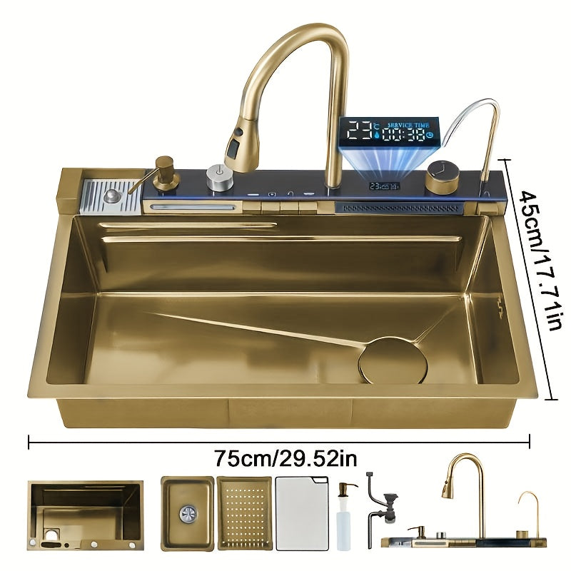 Digitale Waterval Spoelbak – Keukenspoelbak – Vaatwastafel – Keukenbak – Vaatbak – RVS Rechthoekige Spoelbak Grijs 60x45 cm – Uittrekbare Watervalkraan – Ingebouwde Zeepdispenser & Snijplank