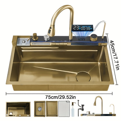 Digitale Waterval Spoelbak – Keukenspoelbak – Vaatwastafel – Keukenbak – Vaatbak – RVS Rechthoekige Spoelbak Grijs 60x45 cm – Uittrekbare Watervalkraan – Ingebouwde Zeepdispenser & Snijplank