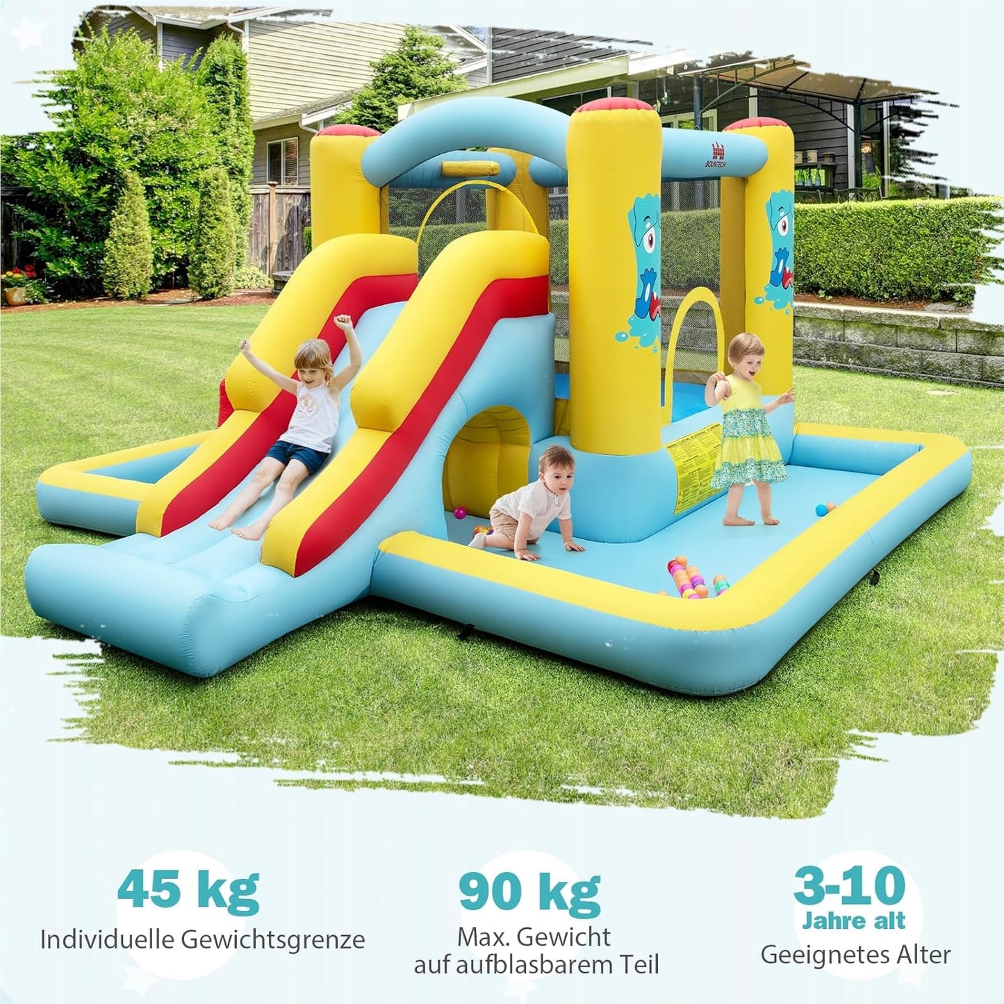 Springkussen – Springkasteel – Luchtkussen – Speeltoestel – Jump-O-Lene – Met Glijbaan & Tunnel – Inclusief Basketbalring & Ringwerpspel – Groot 394x389x194 cm – Duurzaam Oxford Polyester