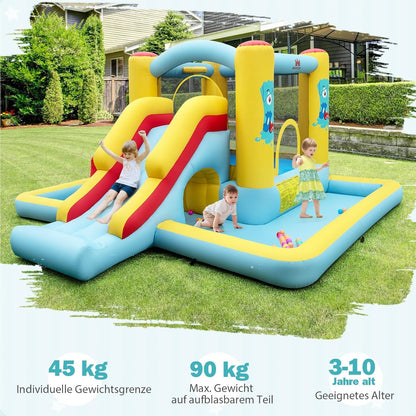 Springkussen – Springkasteel – Luchtkussen – Speeltoestel – Jump-O-Lene – Met Glijbaan & Tunnel – Inclusief Basketbalring & Ringwerpspel – Groot 394x389x194 cm – Duurzaam Oxford Polyester
