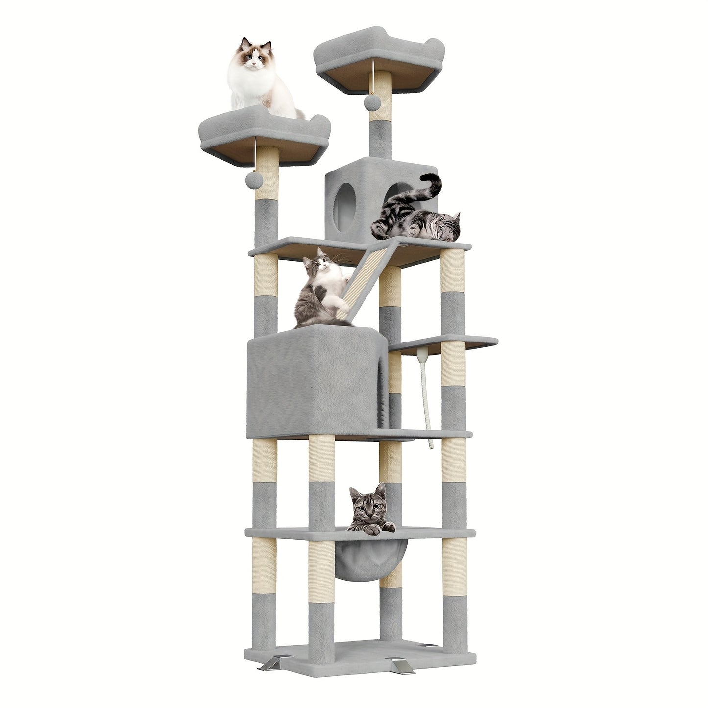 Dogat Large Cat Tree, XXL Cat Scratching Post, Large, Tilt-Proof with 3 Exclusive Reinforcement Clips, 208cm High, 16 Scratching Posts, Cat House And Hammock, Scratching Board