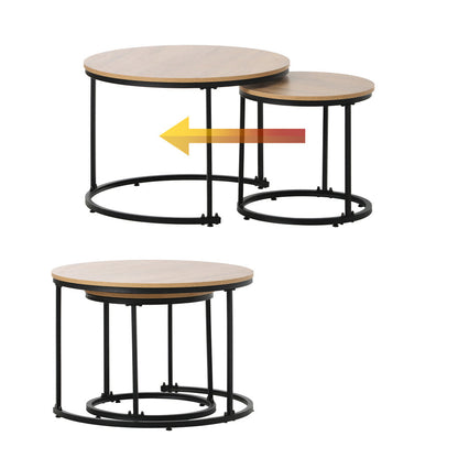 Salontafel – Bijzettafel – Koffietafel – Tafeltje – Woonkamertafel – Set van 2 – Nestbaar – MDF Blad – Metaal Frame – Rond – Bruin – Ruimtebesparend – Modern Design
