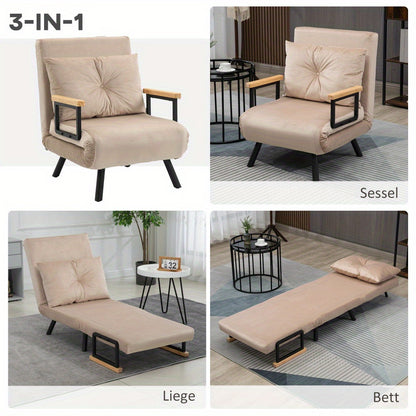 Sofa Fauteuil – Slaapstoel – Relaxstoel – Logeerbed – Velvet Zetel – Verstelbare Rugleuning – Beige Velvet Bekleding – Compact 63x73x81 cm