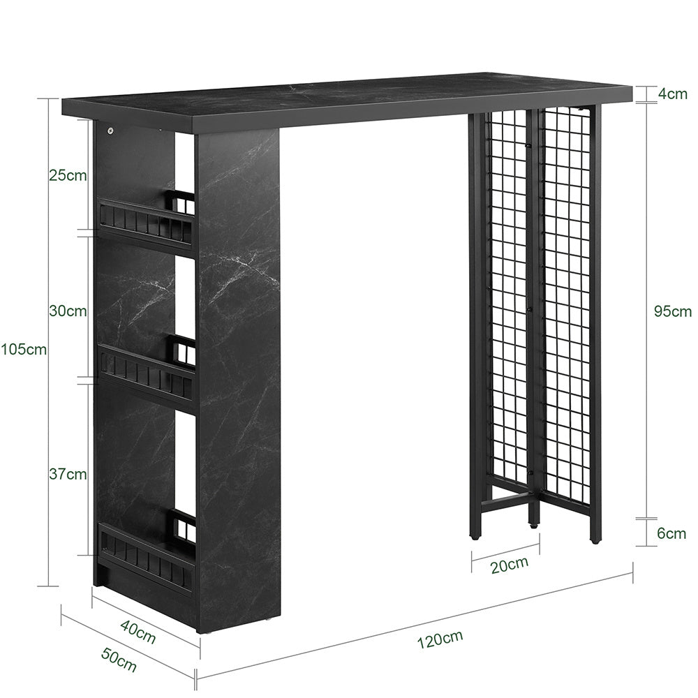 Barkast – Wijnkast – Drankkast – Barwagen – Wijnrek – Industrieel Design – Marmer Look – Zwart Metalen Frame – 120x50x105 cm – 3 Opbergrekken