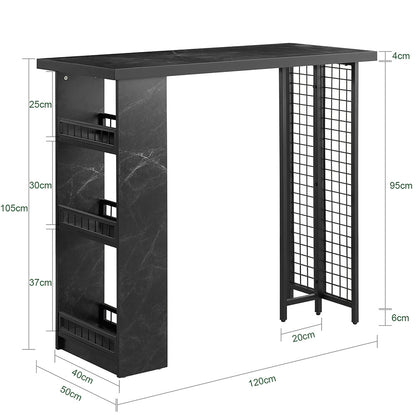 Barkast – Wijnkast – Drankkast – Barwagen – Wijnrek – Industrieel Design – Marmer Look – Zwart Metalen Frame – 120x50x105 cm – 3 Opbergrekken