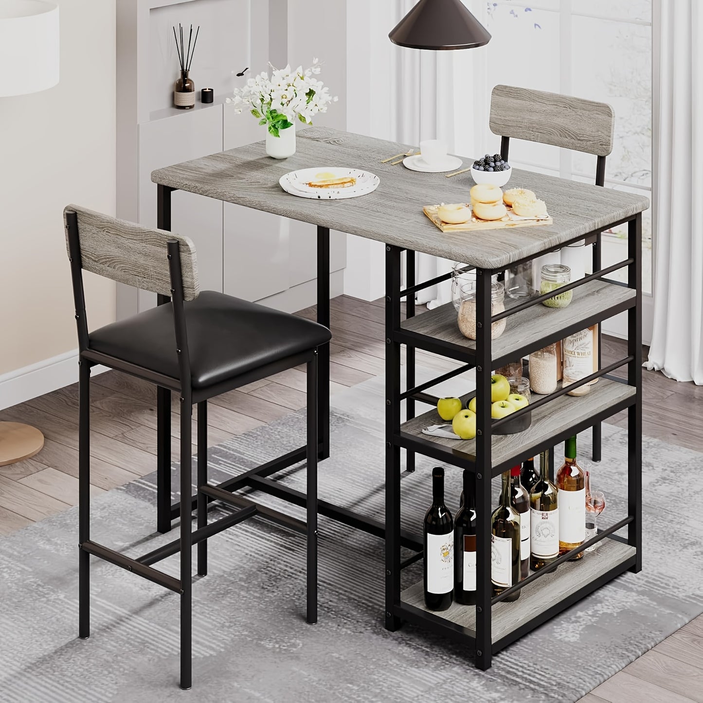2-Person Kitchen Dining Table and Chair Set with 3-Tier Storage Shelves - Space-Saving Modern Farmhouse Style High Bar Table with PU Upholstered Chairs, Sturdy Wood & Steel Construction, Surface, Grey Finish for  Spaces, Apar